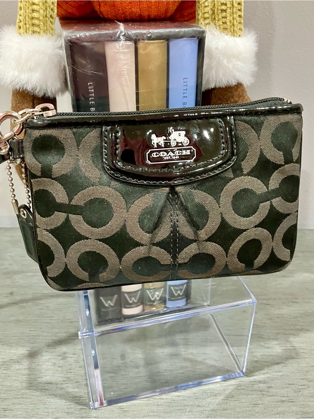 Coach Signature Canvas Wristlet with Patent Trim